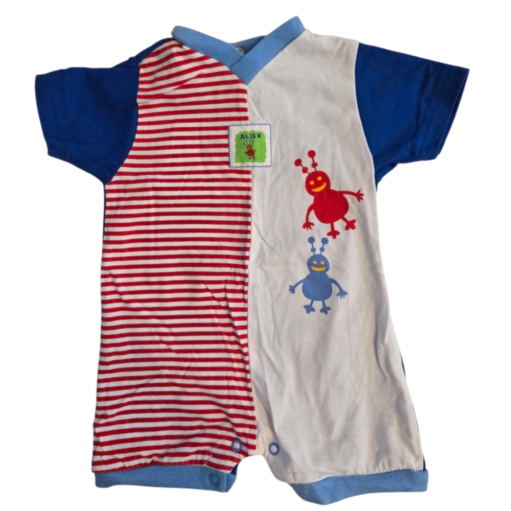 Vintage Y2k Small Steps Blue and Red Striped Alien Romper